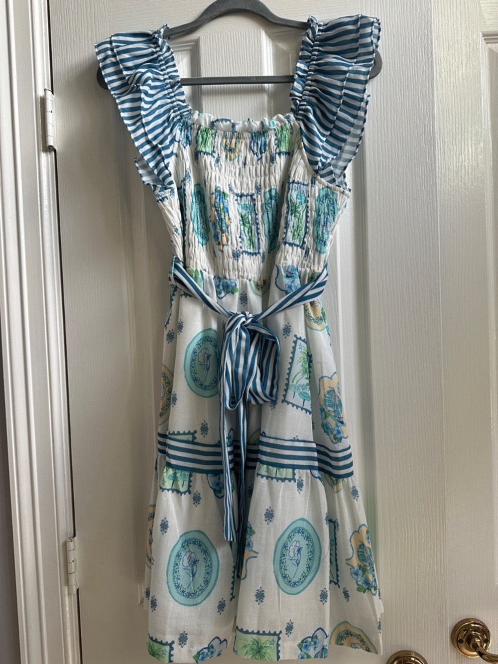 Avara Blue & White Midi Sundress with Belt